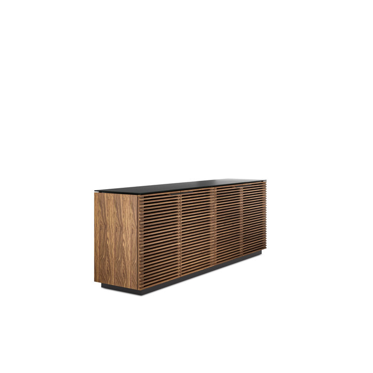 Natural Walnut and Black 79'' Sideboard with Satin Glass Shelves