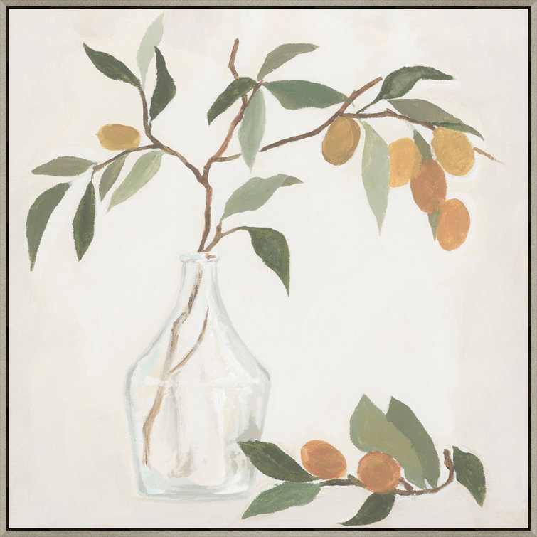 Muted Fruit Vase Watercolor Painting Print on Canvas with Gray Solid Wood Frame