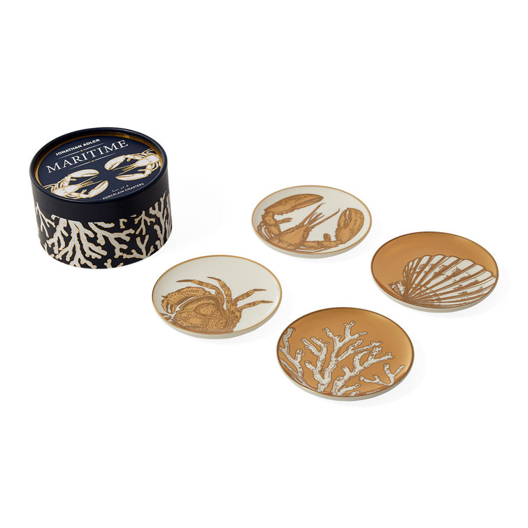 Maritime Gold and White Ceramic Coaster Set, 4 Pieces