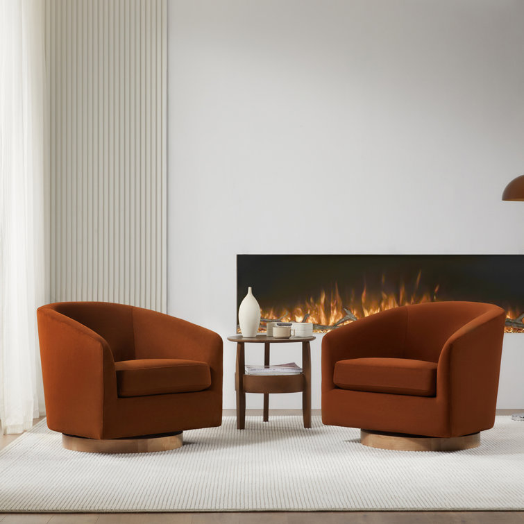 Burnt Orange Velvet Swivel Barrel Chair with Wood Base