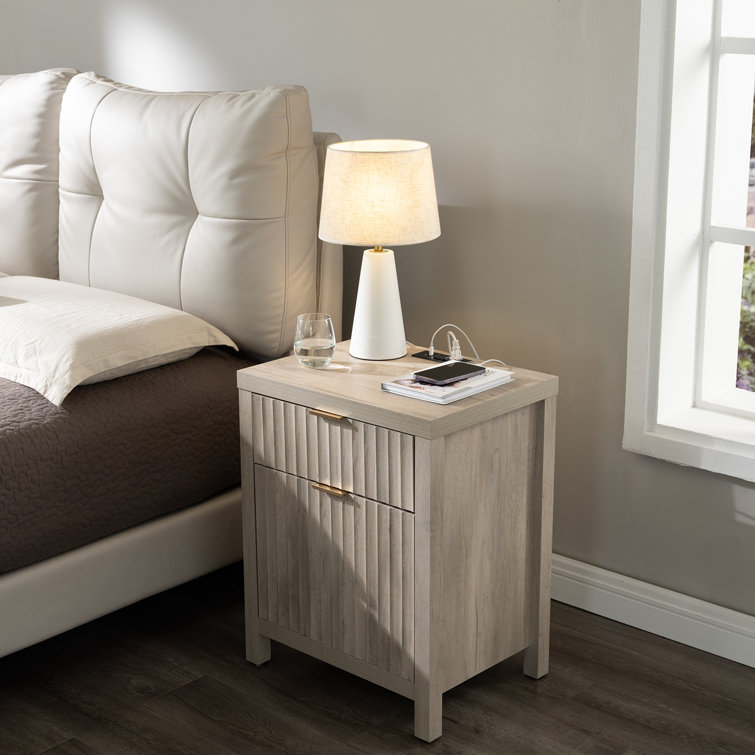 Greige Oak 2-Drawer Nightstand with Built-In Charging Station, Set of 2