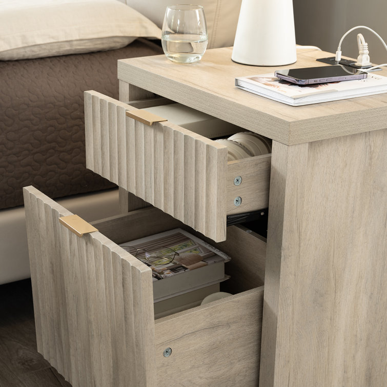 Greige Oak 2-Drawer Nightstand with Built-In Charging Station, Set of 2