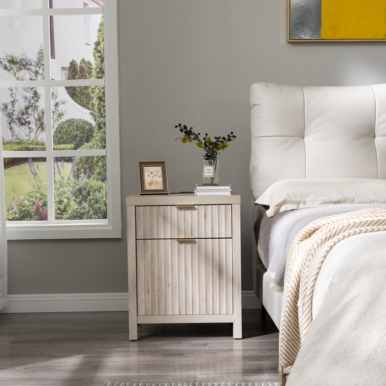 Greige Oak 2-Drawer Nightstand with Built-In Charging Station, Set of 2