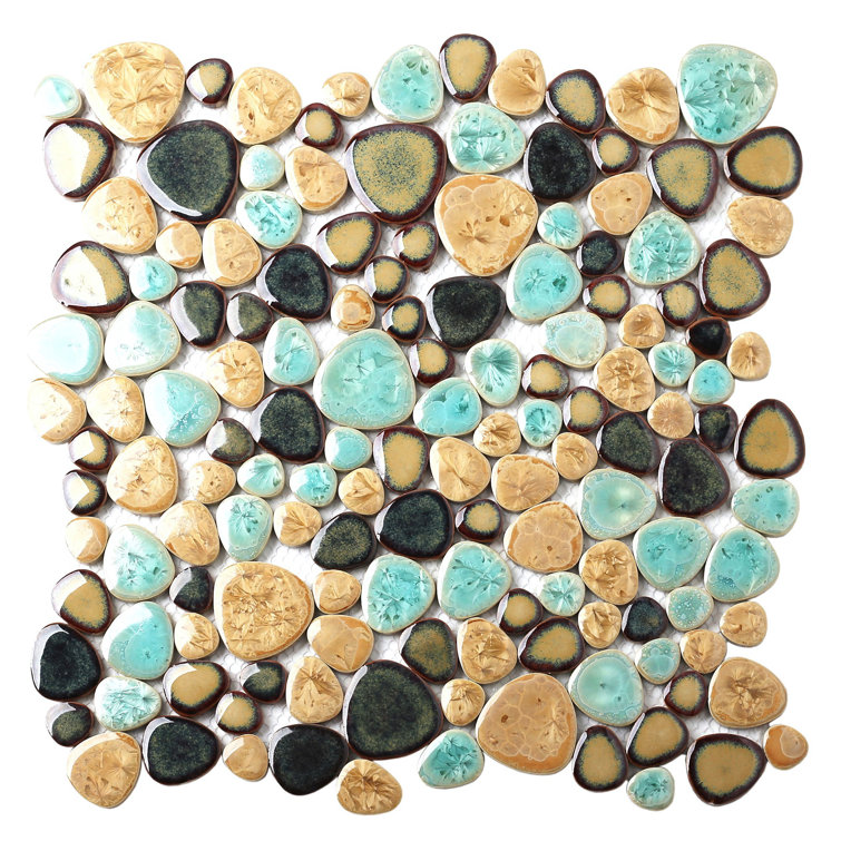 12'' x 12'' Turquoise and Beige Porcelain Pebble Mosaic Tile