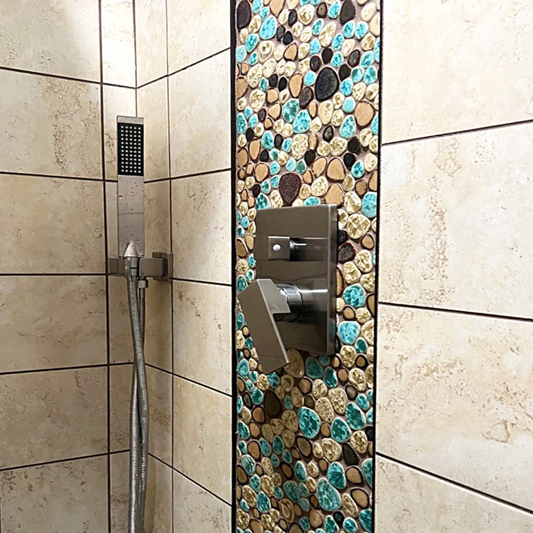 12'' x 12'' Turquoise and Beige Porcelain Pebble Mosaic Tile