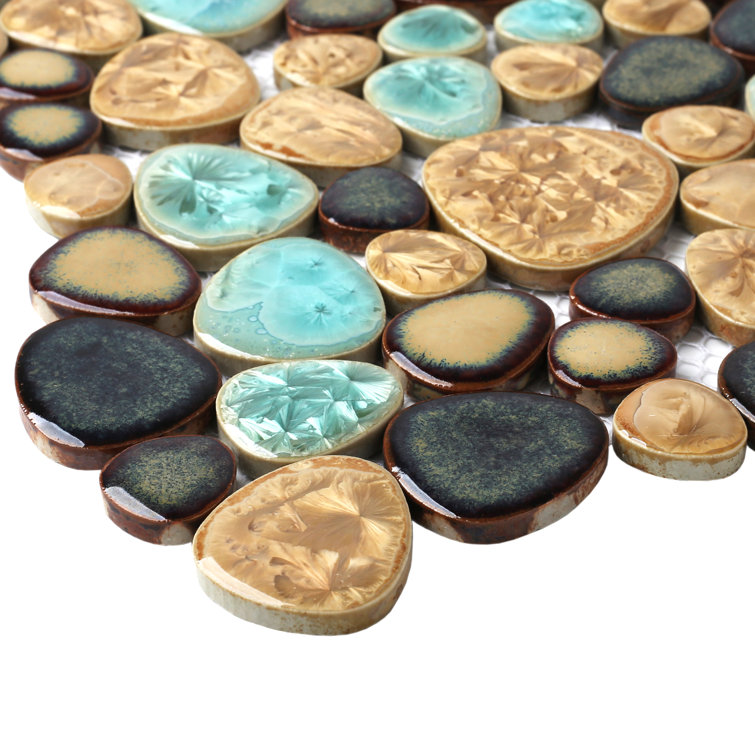 12'' x 12'' Turquoise and Beige Porcelain Pebble Mosaic Tile