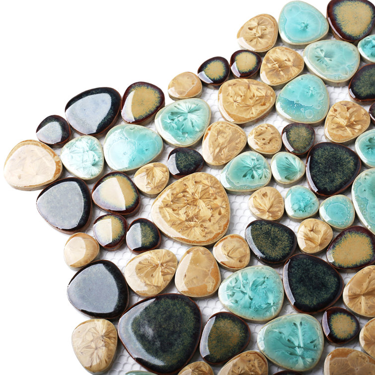 12'' x 12'' Turquoise and Beige Porcelain Pebble Mosaic Tile