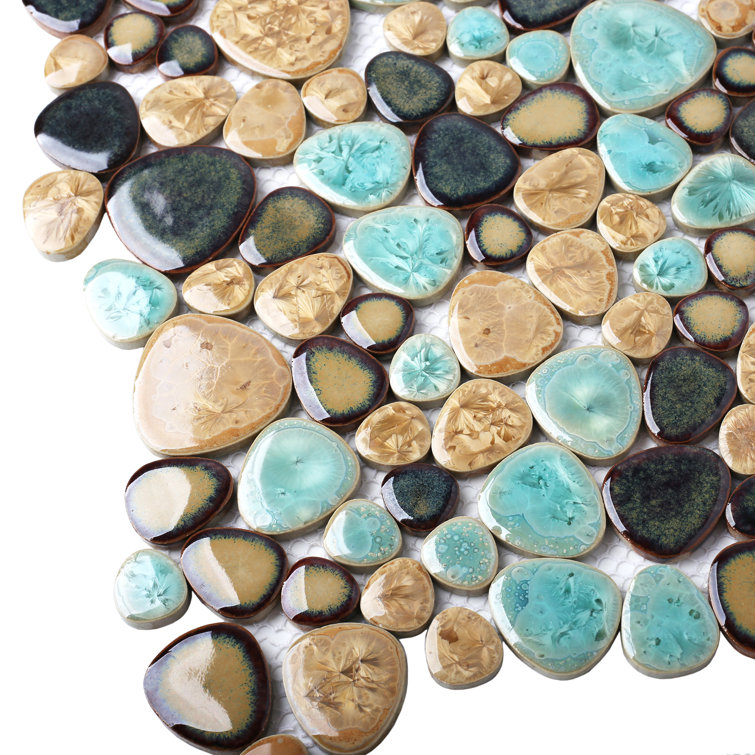 12'' x 12'' Turquoise and Beige Porcelain Pebble Mosaic Tile