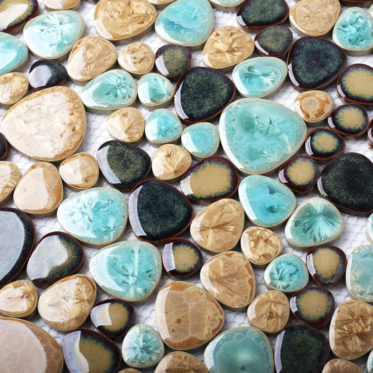 12'' x 12'' Turquoise and Beige Porcelain Pebble Mosaic Tile