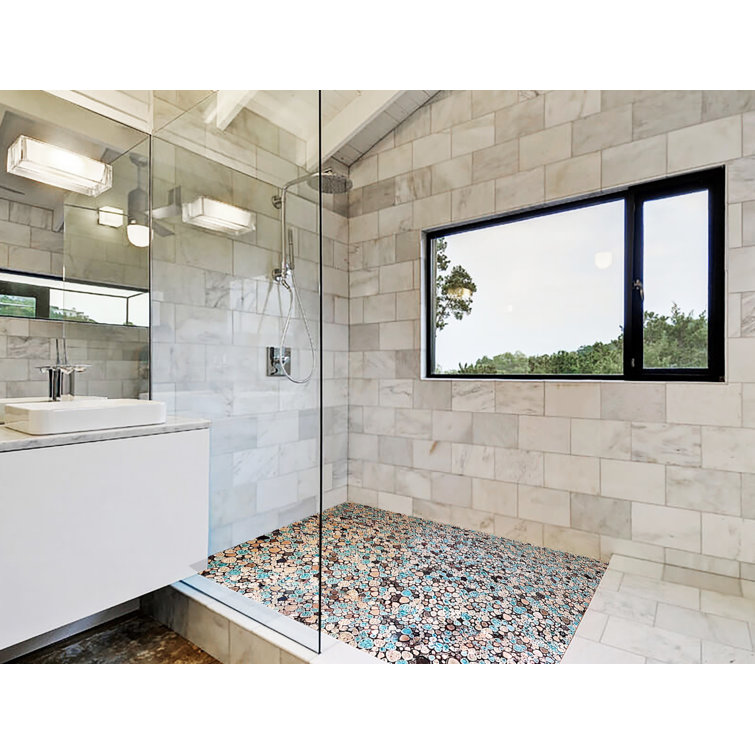12'' x 12'' Turquoise and Beige Porcelain Pebble Mosaic Tile