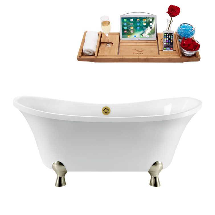 60" White Acrylic Clawfoot Soaking Bathtub with Gold Drain
