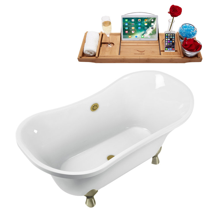 60" White Acrylic Clawfoot Soaking Bathtub with Gold Drain