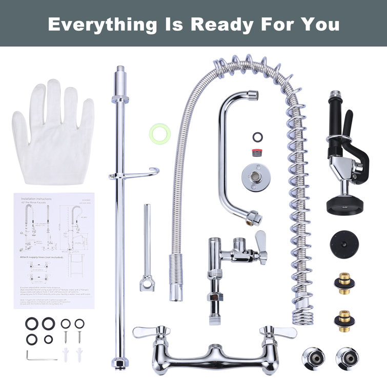 47 Inch Chrome Wall Mounted Commercial Kitchen Faucet with Pull-out Spray