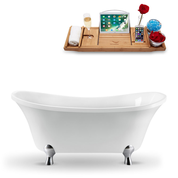 60" Glossy White Acrylic Clawfoot Bathtub with Polished Gold Drain
