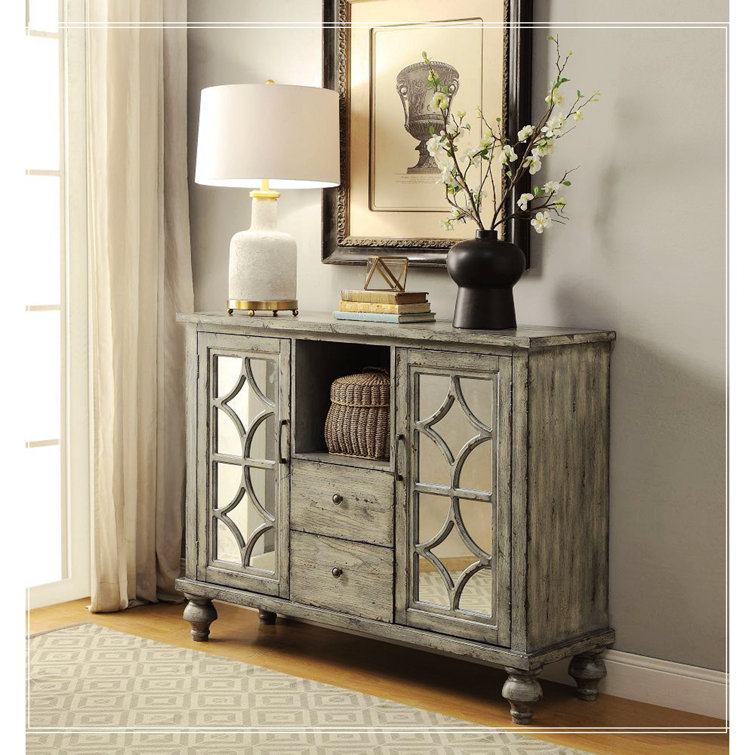 Velika Weathered Gray 53'' Wood Console Table with Mirrored Storage