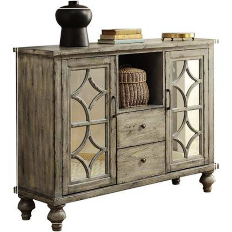 Velika Weathered Gray 53'' Wood Console Table with Mirrored Storage