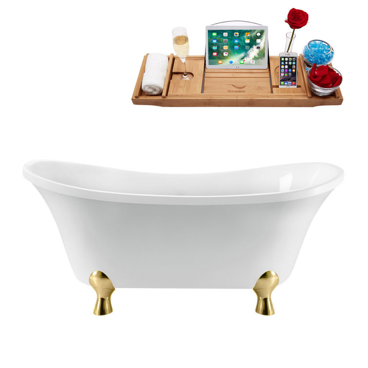 60" White Acrylic Clawfoot Soaking Bathtub with Gold Drain