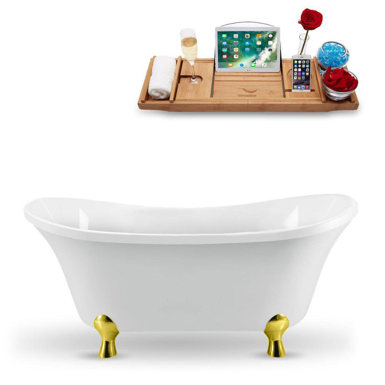 60" Glossy White Acrylic Clawfoot Bathtub with Polished Gold Drain