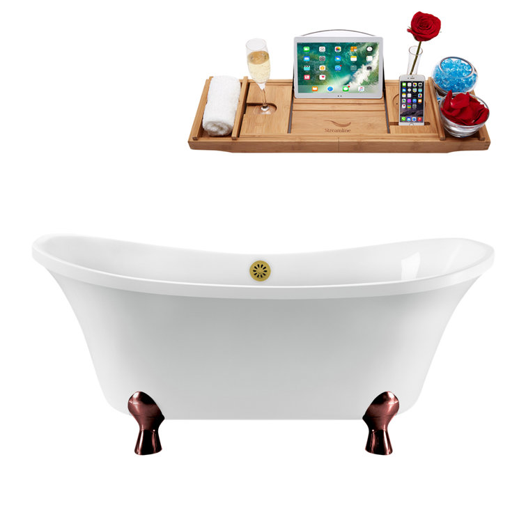 60" White Acrylic Clawfoot Soaking Bathtub with Gold Drain