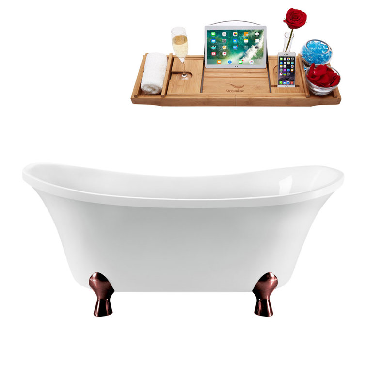 60" Glossy White Acrylic Clawfoot Bathtub with Polished Gold Drain