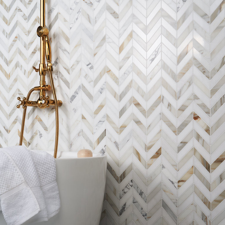 Dart White Carrara and Thassos Polished Marble Mosaic Tile