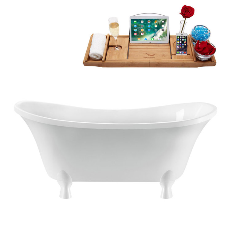 60" White Acrylic Clawfoot Soaking Bathtub with Pink Drain