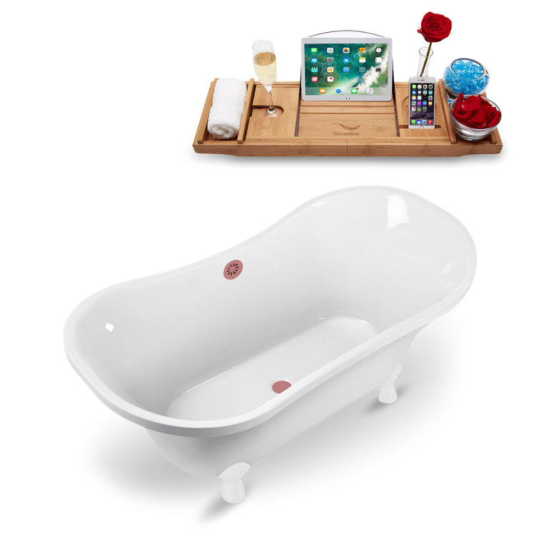 60" White Acrylic Clawfoot Soaking Bathtub with Pink Drain