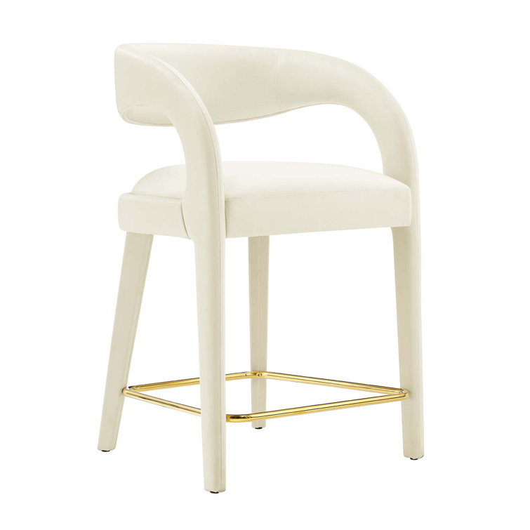 Ivory Gold Velvet Upholstered Counter Stools with Metal Footrest, Set of Two