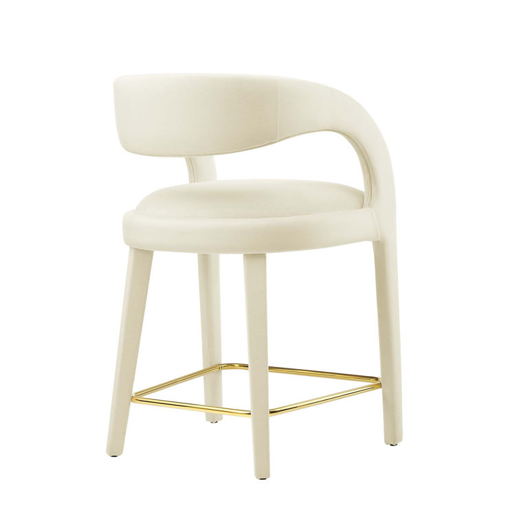 Ivory Gold Velvet Upholstered Counter Stools with Metal Footrest, Set of Two