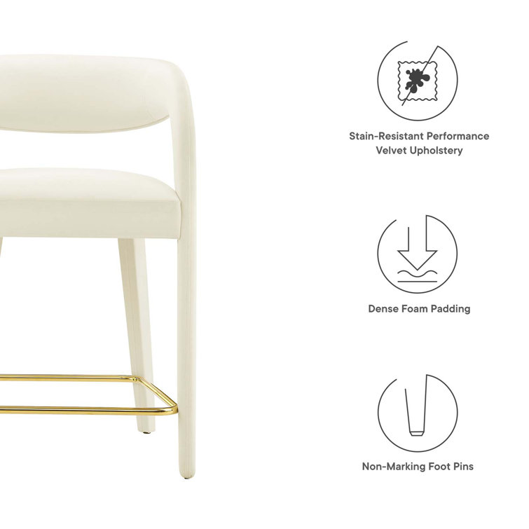 Ivory Gold Velvet Upholstered Counter Stools with Metal Footrest, Set of Two
