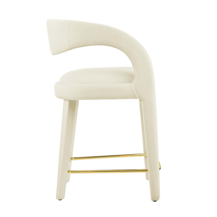 Ivory Gold Velvet Upholstered Counter Stools with Metal Footrest, Set of Two
