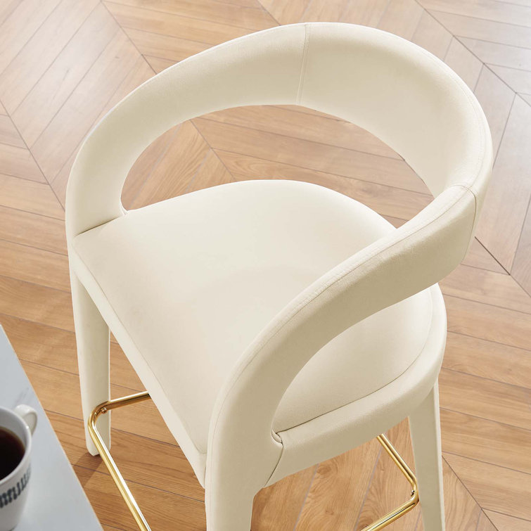 Ivory Gold Velvet Upholstered Counter Stools with Metal Footrest, Set of Two