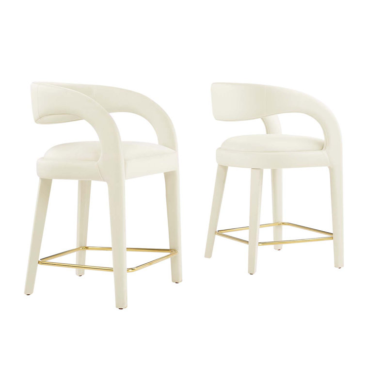 Ivory Gold Velvet Upholstered Counter Stools with Metal Footrest, Set of Two