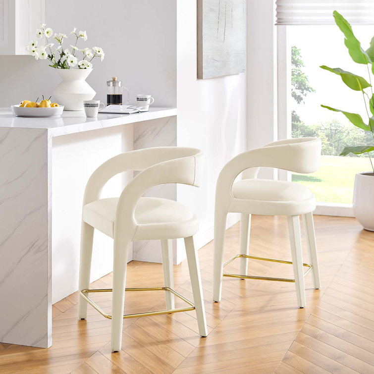 Ivory Gold Velvet Upholstered Counter Stools with Metal Footrest, Set of Two
