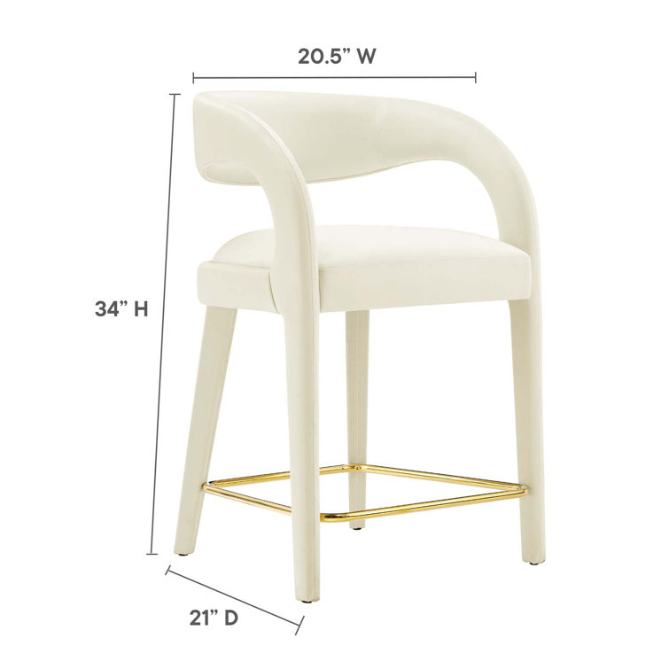 Ivory Gold Velvet Upholstered Counter Stools with Metal Footrest, Set of Two