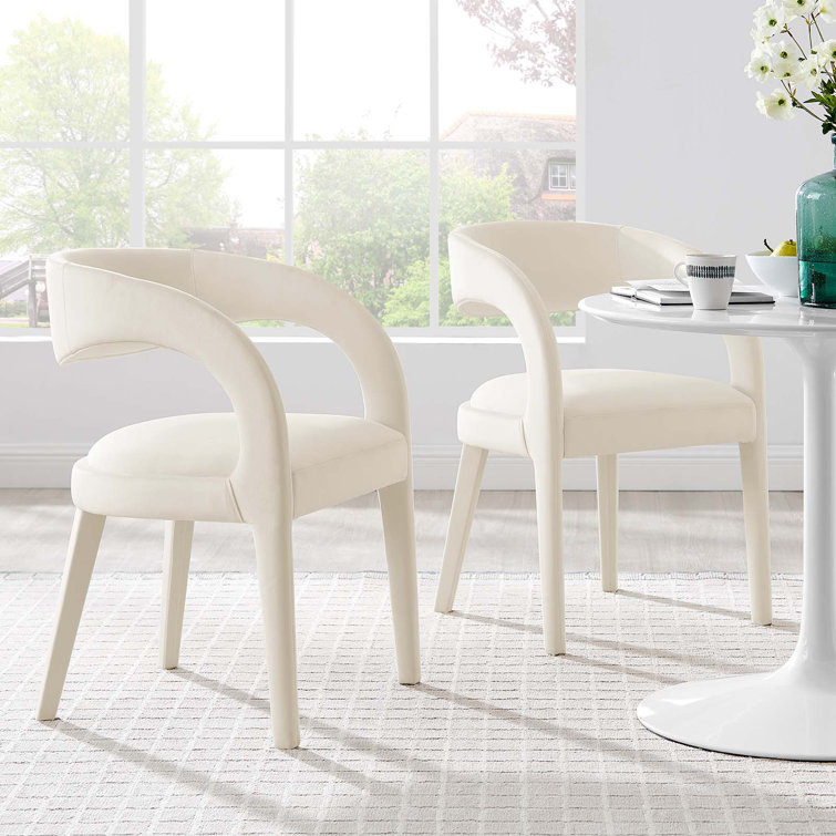 Ivory Velvet Upholstered Dining Chairs with Curved Backrest, Set of Two