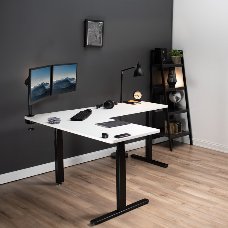 White L-Shaped Electric Adjustable Height Corner Desk with Keyboard Tray