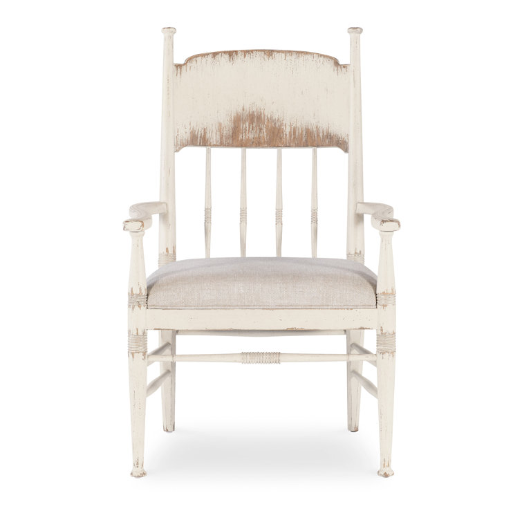 Beige Linen Upholstered Arm Chair with White Wood Frame