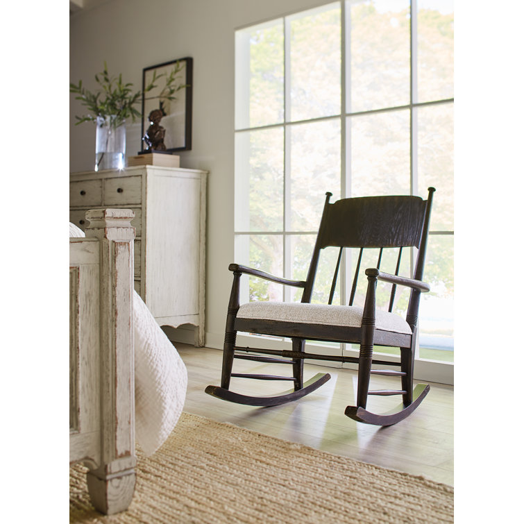 Black and Beige Linen Upholstered Spindle Back Rocking Chair