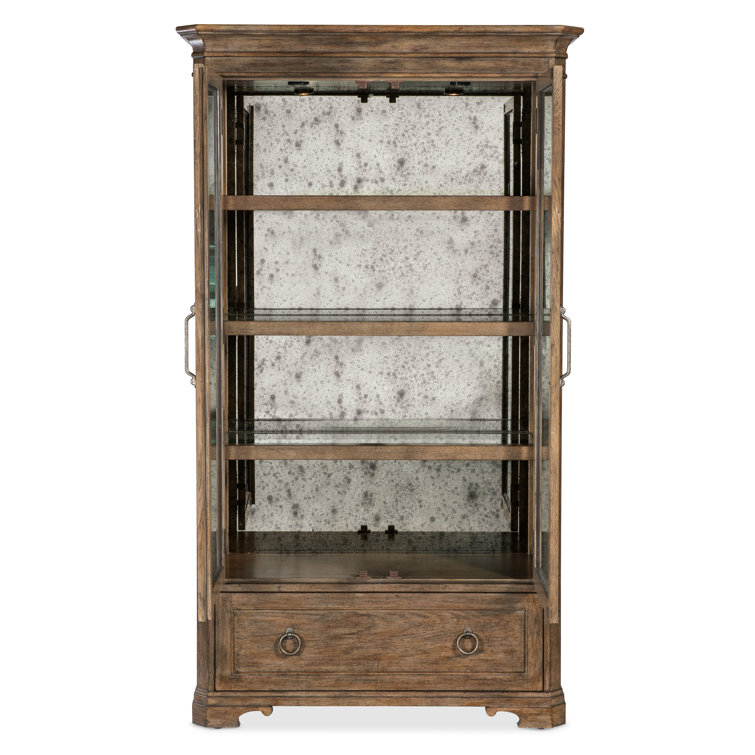 Rustic Lighted Oak Veneer China Cabinet with Glass Doors