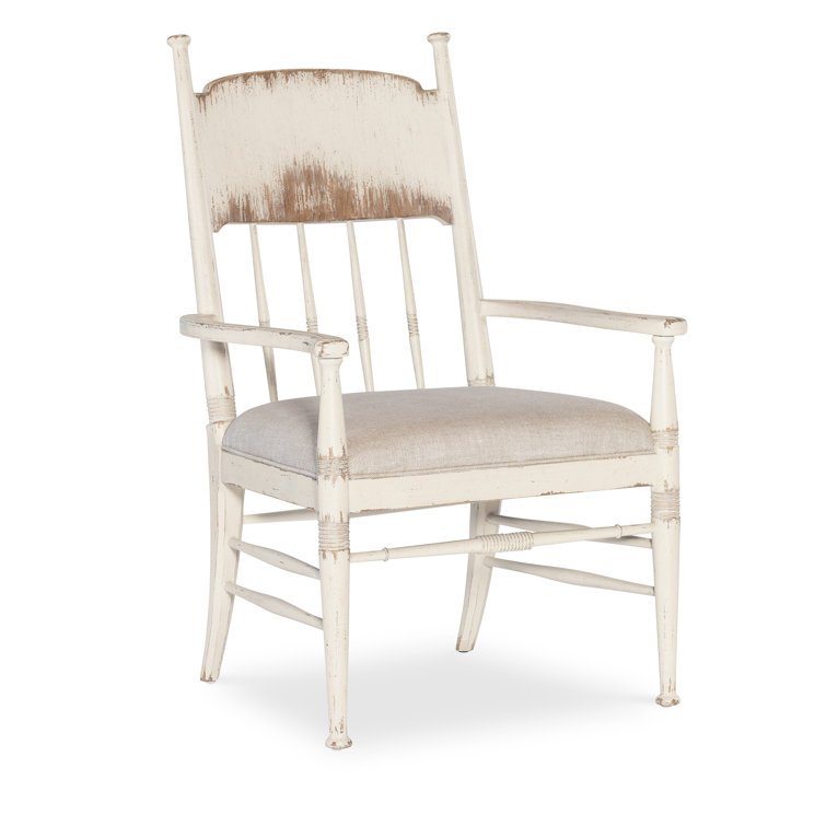 Beige Linen Upholstered Arm Chair with White Wood Frame
