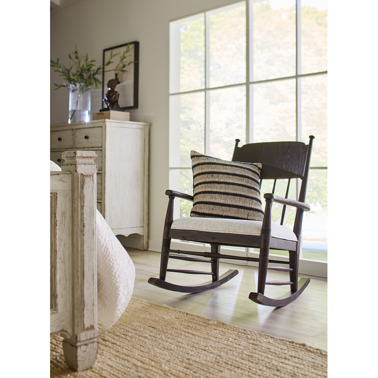 Black and Beige Linen Upholstered Spindle Back Rocking Chair