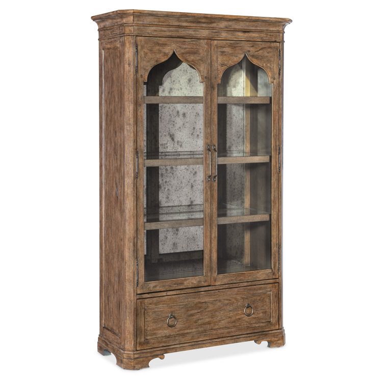 Rustic Lighted Oak Veneer China Cabinet with Glass Doors