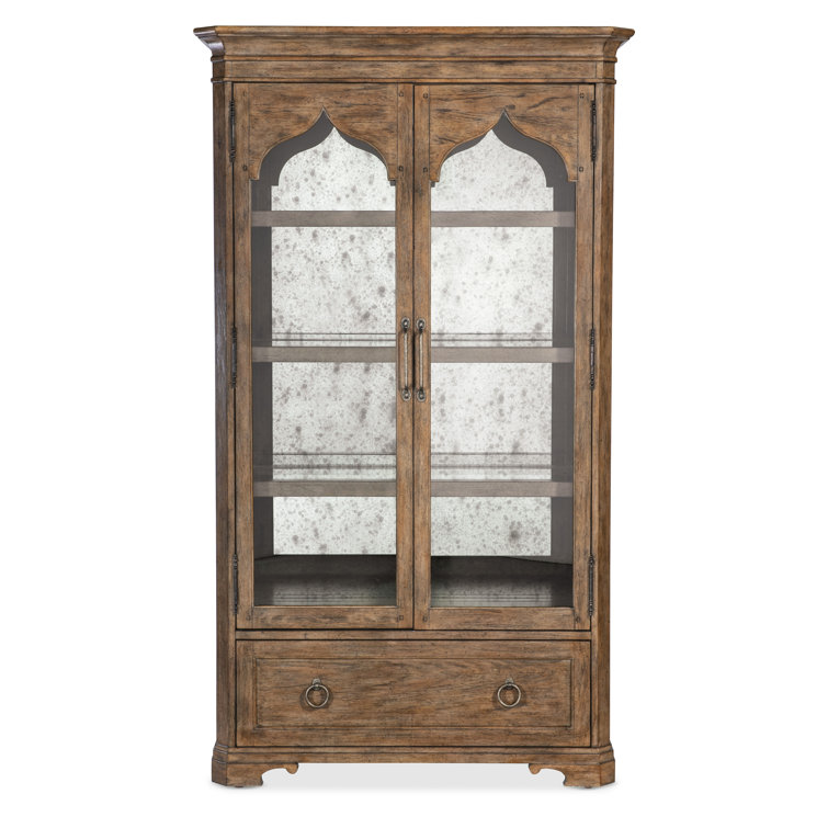Rustic Lighted Oak Veneer China Cabinet with Glass Doors