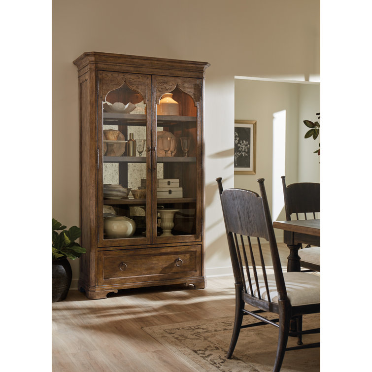 Rustic Lighted Oak Veneer China Cabinet with Glass Doors