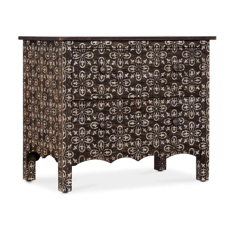 Rustic Black Floral 2-Drawer Nightstand with Oak Veneers