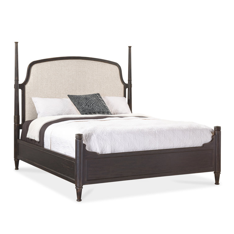 Rustic Beige King Upholstered Poster Bed with Wood Frame