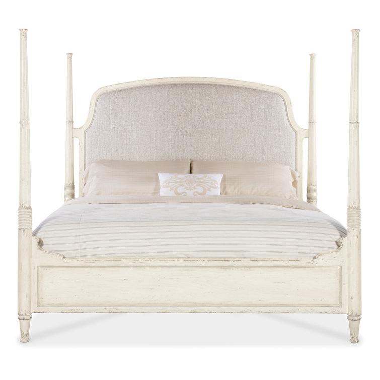 Beige Queen Upholstered Poster Bed with Wood Frame