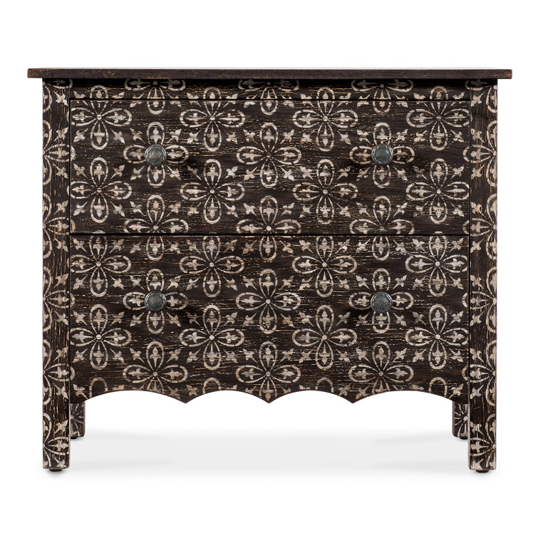 Rustic Black Floral 2-Drawer Nightstand with Oak Veneers