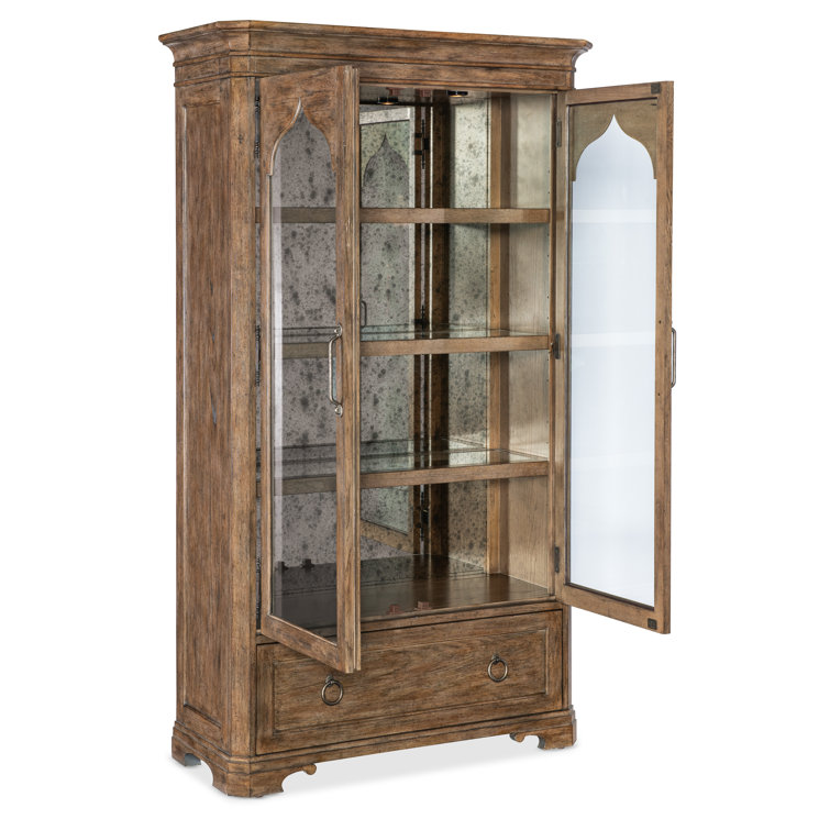 Rustic Lighted Oak Veneer China Cabinet with Glass Doors